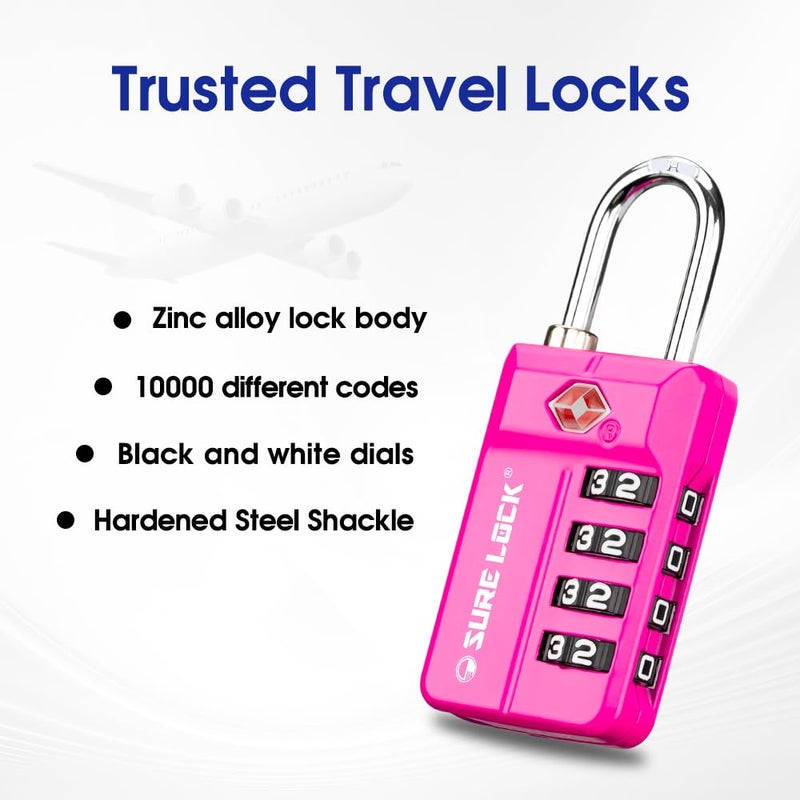 SURE LOCK TSA Approved 4-Digit Resettable Combination Luggage Locks with Open Alert, Easy-Read Dials - for Luggage, School Lockers, Gym, Office, Toolbox & Security Cases (Pink 1 Pack) - Image 5